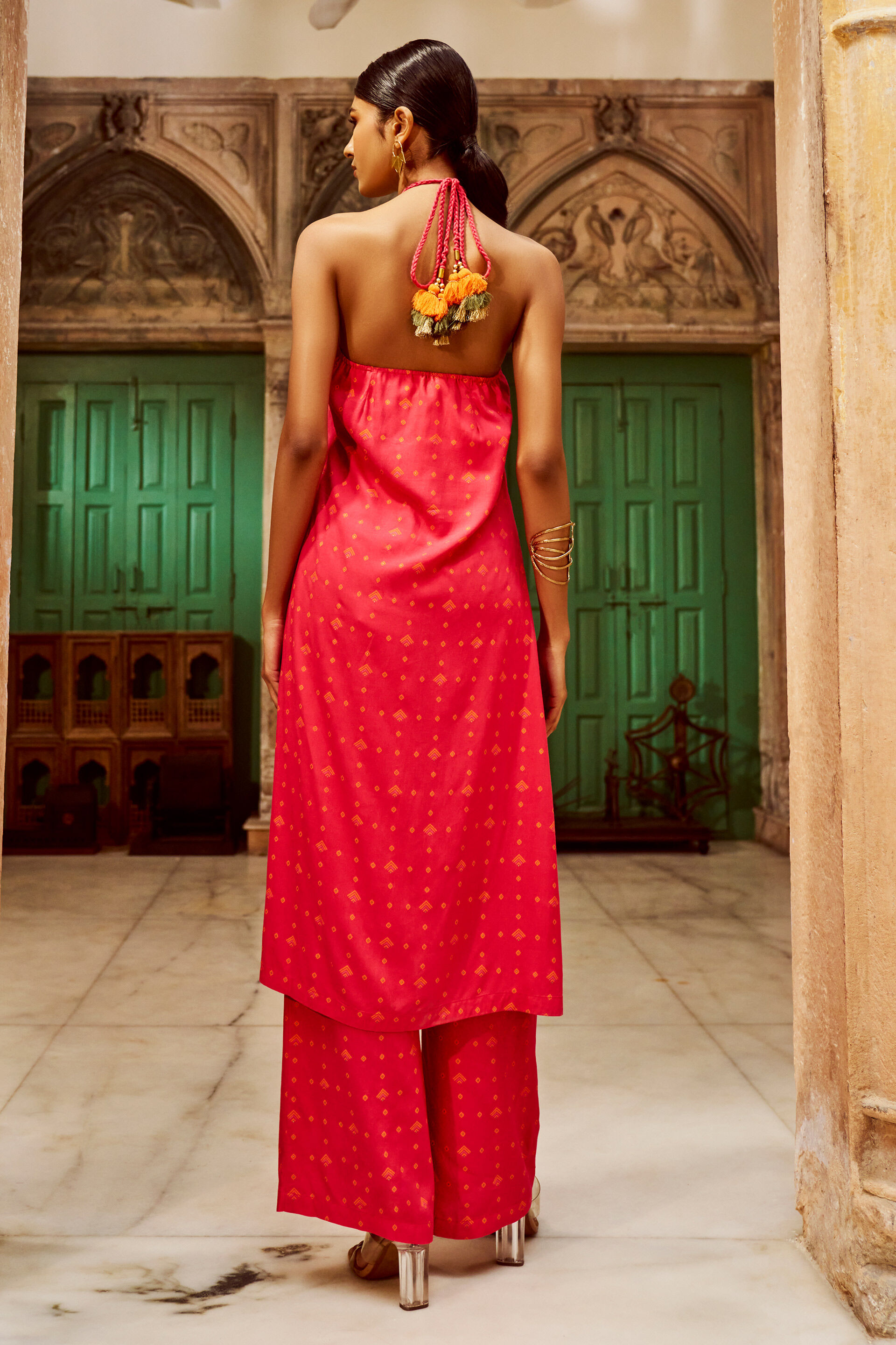 Festive Halter Neck Floral Kurta Set, Pink, image 3